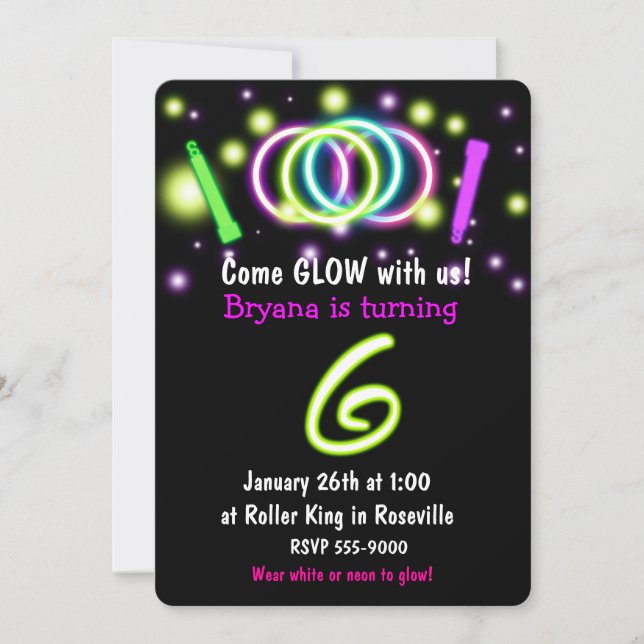 GLOW Lights 6th Birthday Party Age 6 Invitation (Front)