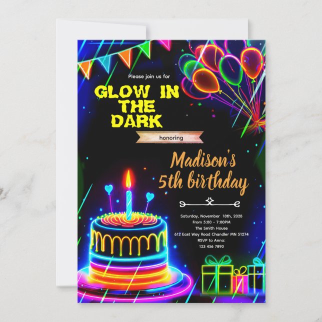 Glow neon birthday cake party invitation (Front)