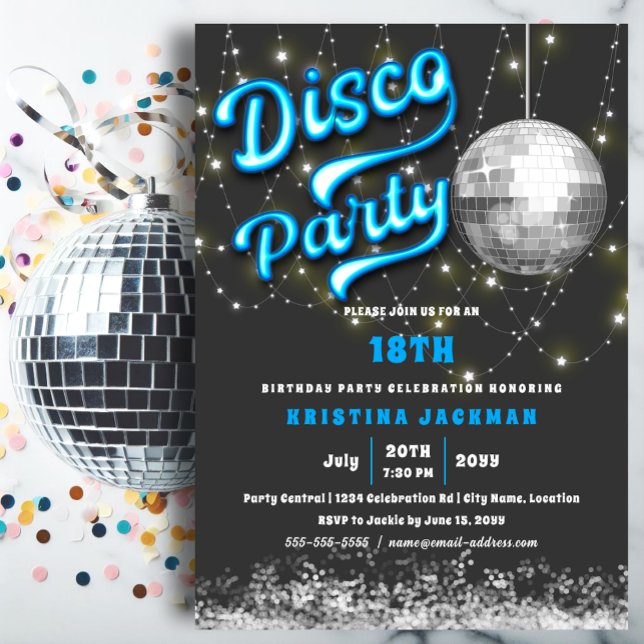 Glow Neon Blue Disco Birthday Party Invitation (Neon blue glow disco party invitation front view.)