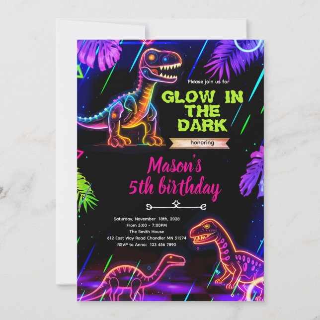Glow neon Dinosaur birthday invitation (Front)