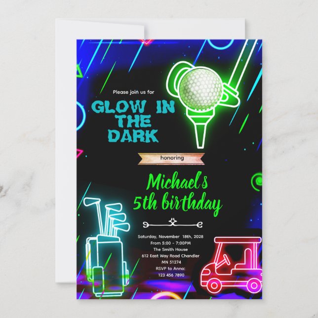 Glow neon golf birthday party invitation (Front)