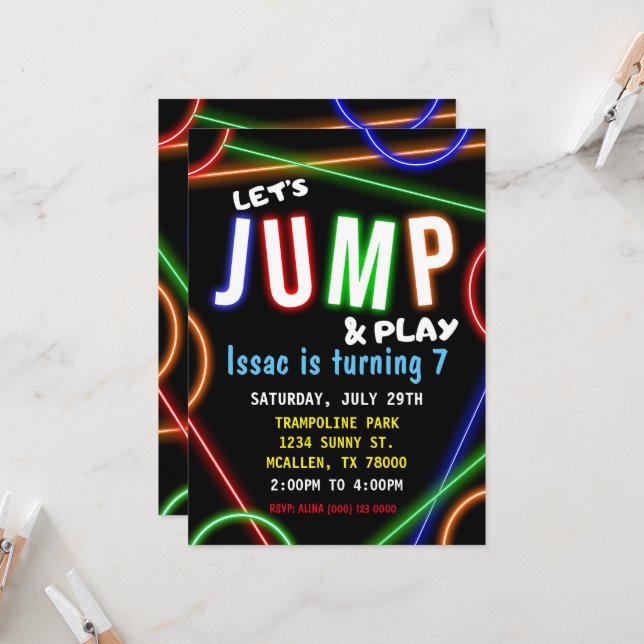 Glow Neon Let's Jump Birthday Party Invitation (Front/Back In Situ)