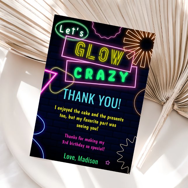 Glow Neon Lights Birthday Party Thank You Card  (Creator Uploaded)