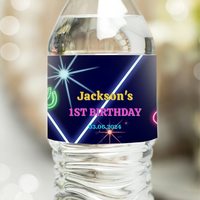 Glow Neon Lights Thank You Birthday Party  Water Bottle Label (Creator Uploaded)