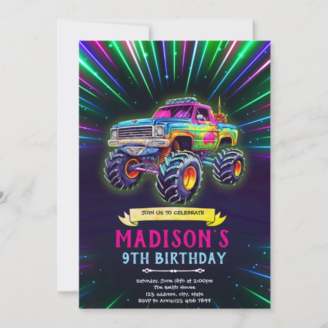 Glow neon monster truck invitation (Front)
