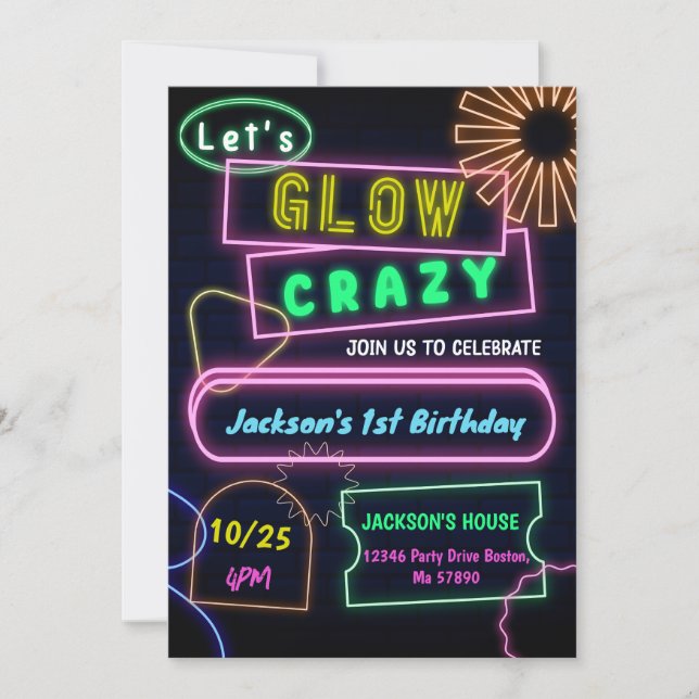 Glow Party Neon Colourful Birthday Party Invitatio Invitation (Front)