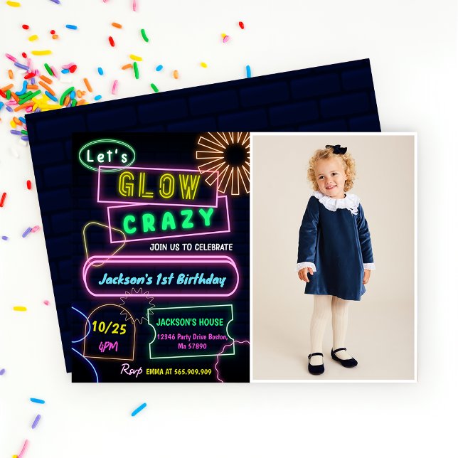 Glow Party Neon Colourful Birthday Party Photo Invitation (Creator Uploaded)
