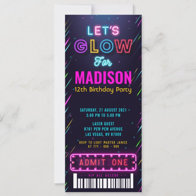 Glow Party Ticket Pass Birthday Invitation (Front)