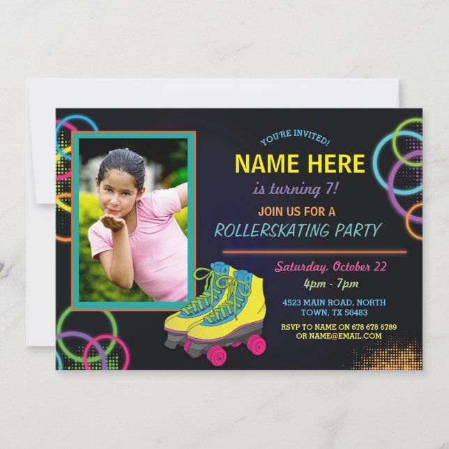 Glow Photo Roller Skating Birthday Invite (Front)