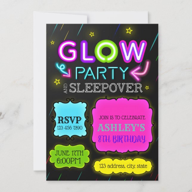 Glow sleepover party invitation (Front)