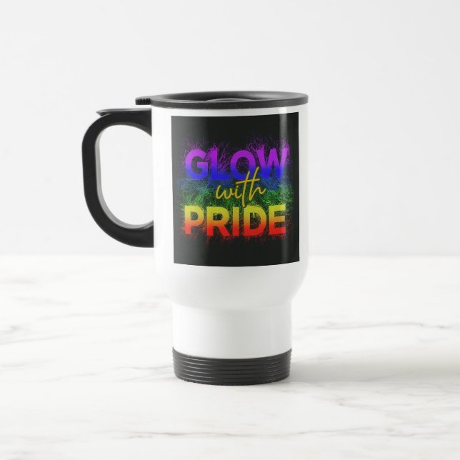 "Glow with Pride" Travel Coffee Mug (Left)