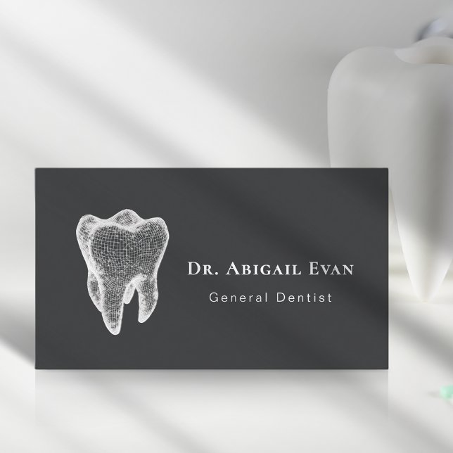 Glowing 3D Tooth Icon Dental Clinic Charcoal Grey Business Card (Glowing 3D Tooth Icon Dental Clinic Charcoal Grey Business Card)