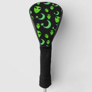 Glowing Aliens, Crescent Moon and Stars on Black Golf Head Cover