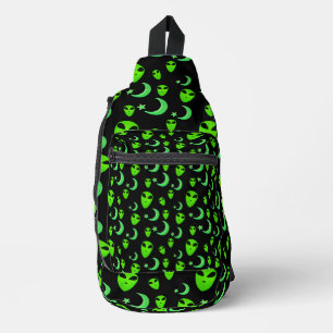 Glowing Aliens, Crescent Moon and Stars on Black Sling Bag