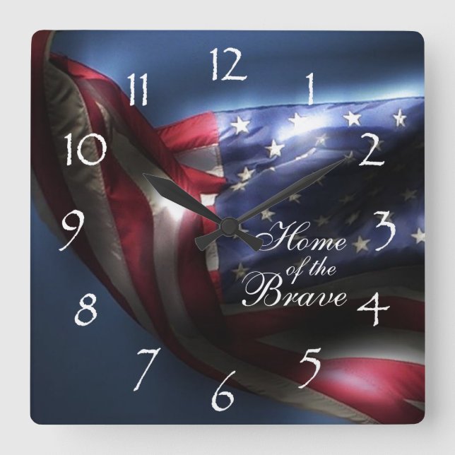 Glowing American Flag/Home of the Brave Square Wall Clock (Front)