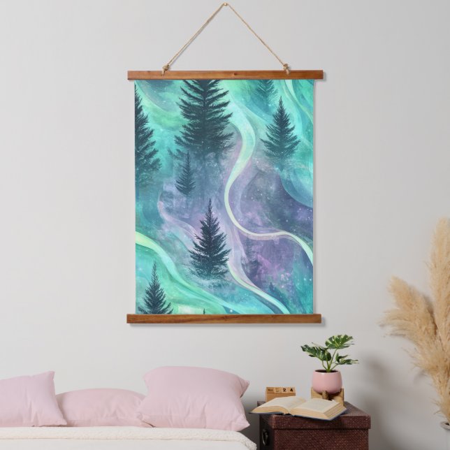 Glowing Aurora Over Pine Forest Night Scene Hanging Tapestry (Bedroom)