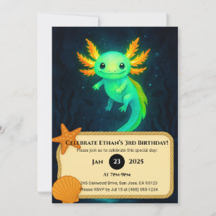 Glowing Axolotl in Deep Waters Birthday Invitation
