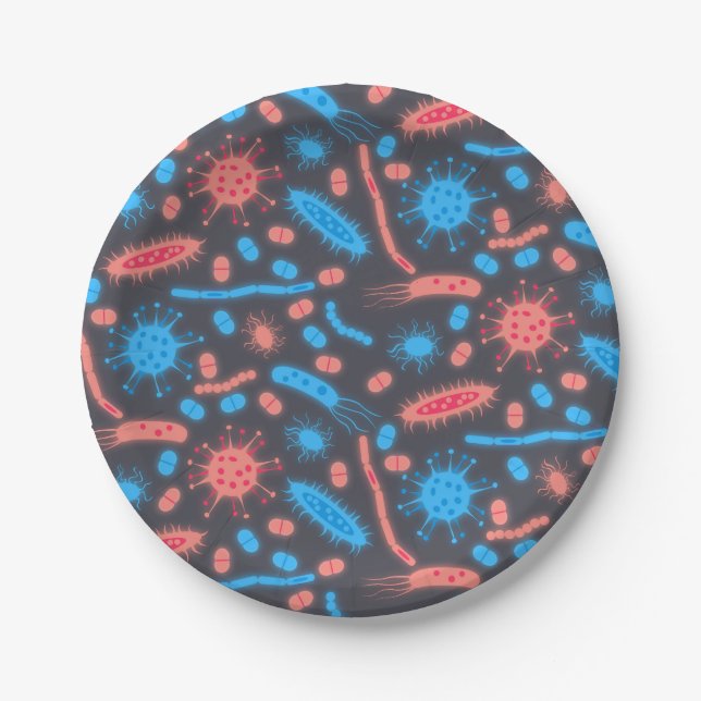Glowing Bacteria Microorganism pink blue Paper Plate (Front)