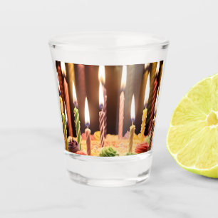 Glowing Birthday Candles On A Birthday Cake, Shot Glass