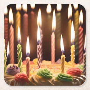 Glowing Birthday Candles On A Birthday Cake, Square Paper Coaster