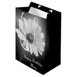 Glowing Birthday Daisy on Black with Name Medium G Gift Bag