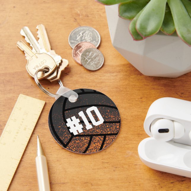 Glowing Black and Orange Fire Volleyball Monogram Key Ring (Desk)
