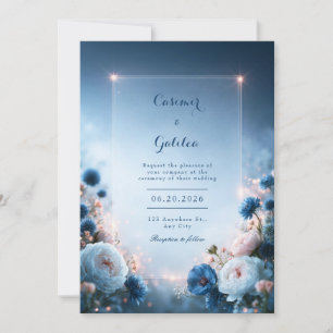 Glowing Blue Blossom Border Wedding Invitation