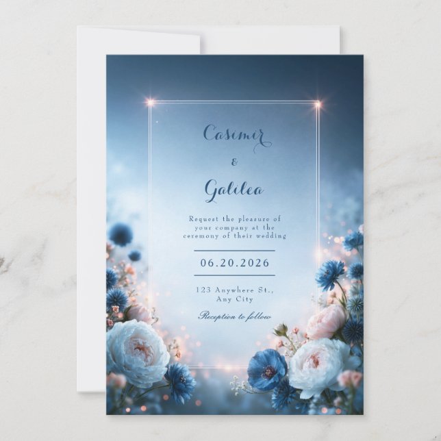 Glowing Blue Blossom Border Wedding Invitation (Front)