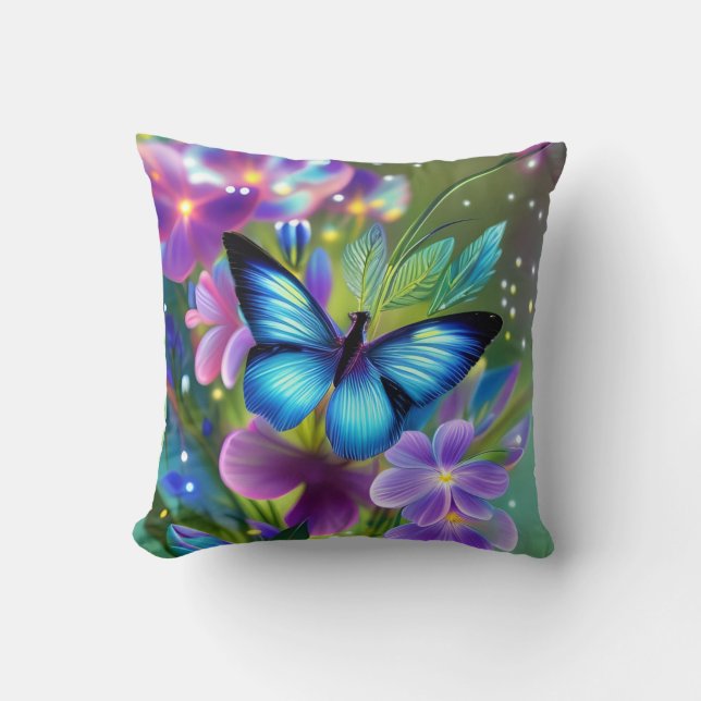 Glowing Blue Butterfly in Fairy Garden  Cushion (Front)