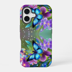 Glowing Blue Butterfly in Fairy Garden iPhone 16 Case