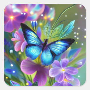 Glowing Blue Butterfly in Fairy Garden  Square Sticker