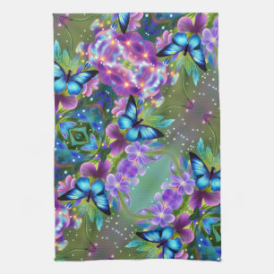 Glowing Blue Butterfly in Fairy Garden  Tea Towel