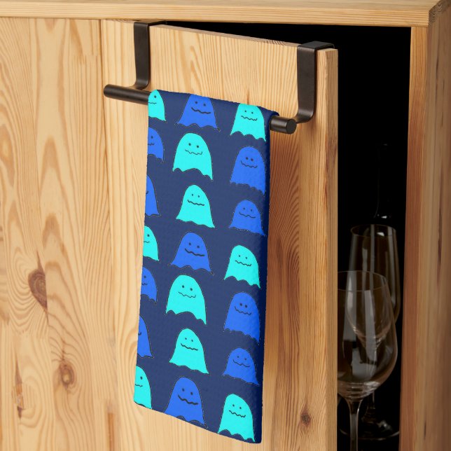 Glowing Blue Halloween Ghosts Tea Towel (Thirds Fold)