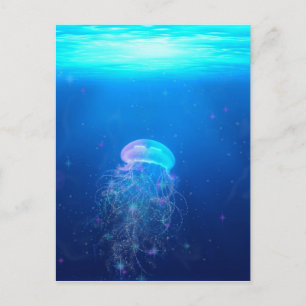 Glowing blue jellyfish swimming in mystical ocean postcard