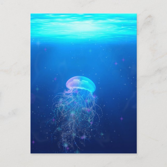 Glowing blue jellyfish swimming in mystical ocean postcard (Front)
