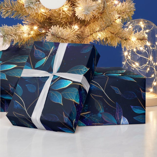 Glowing Blue Leaves Wrapping Paper (Holidays)