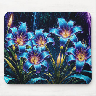 Glowing blue lilies night vibrant floral fantasy mouse pad