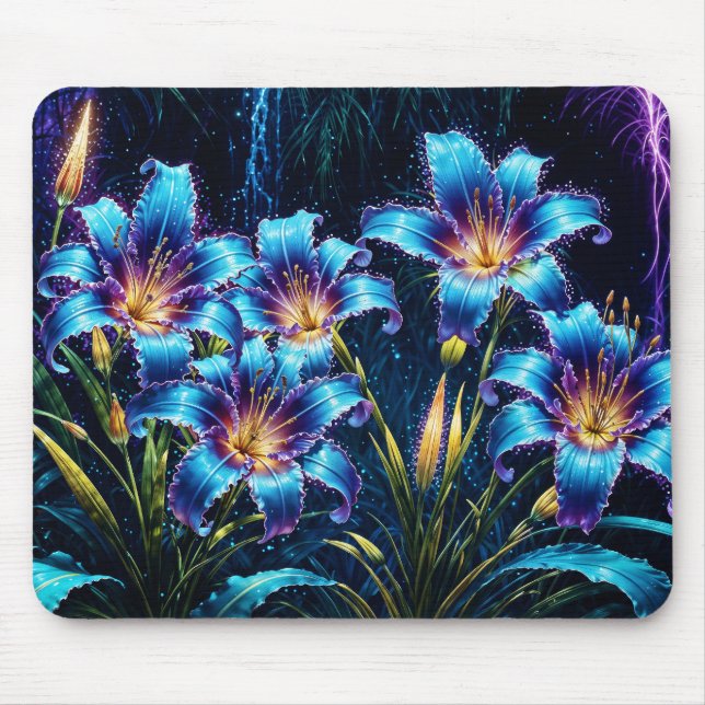 Glowing blue lilies night vibrant floral fantasy mouse pad (Front)