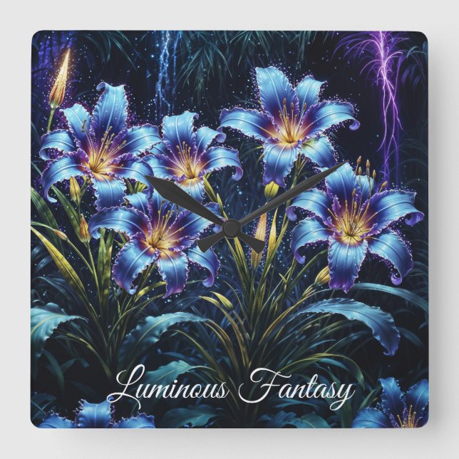 Glowing blue lilies night vibrant floral fantasy square wall clock (Front)