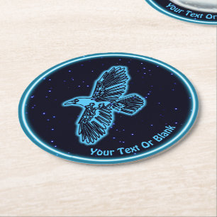 Glowing Blue Raven On Stars Round Paper Coaster