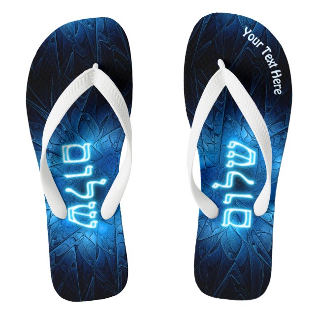 Glowing Blue Shalom On Etched Star of David Jandals (Footbed)