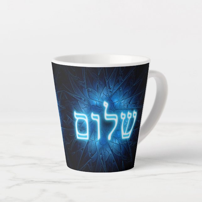 Glowing Blue Shalom On Etched Star of David Latte Mug (Right Angle)