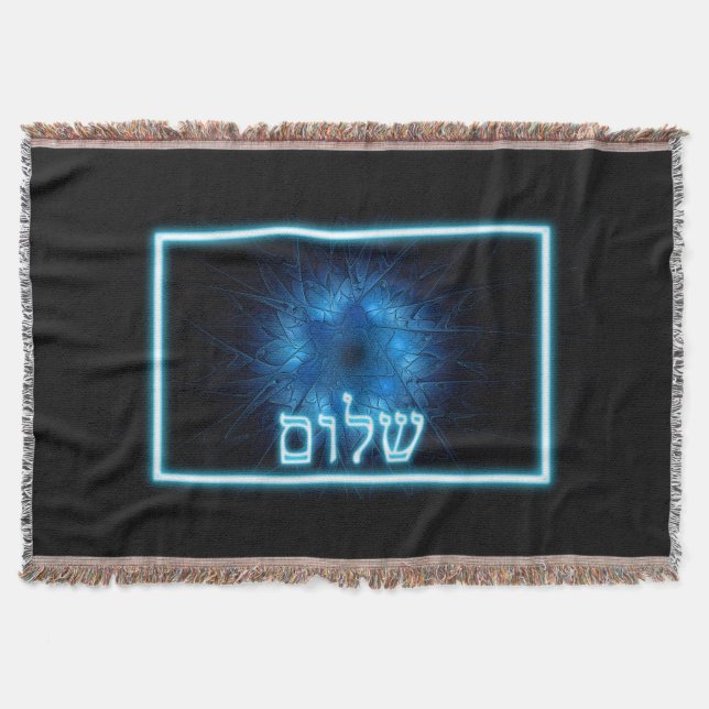 Glowing Blue Shalom On Etched Star of David Throw Blanket (Front)