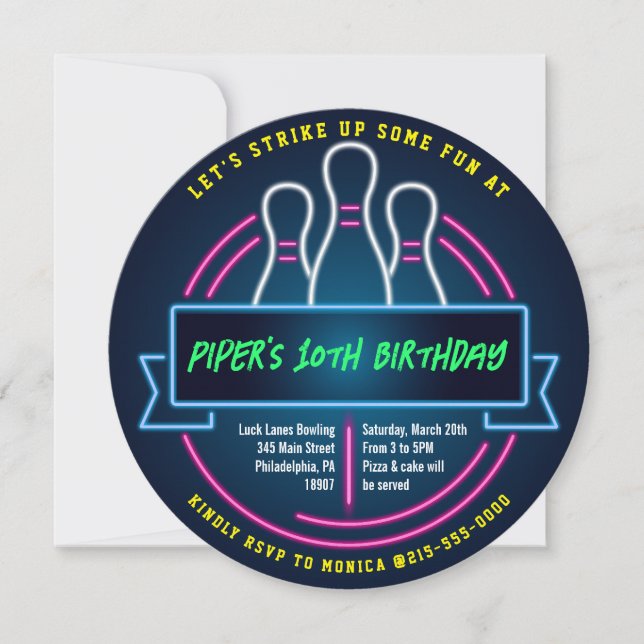 Glowing BOWLING BALL ROUND Birthday Party Invitation (Front)