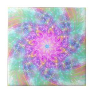 Glowing Bright Lights Colorful Spiral Mandala Art Tile