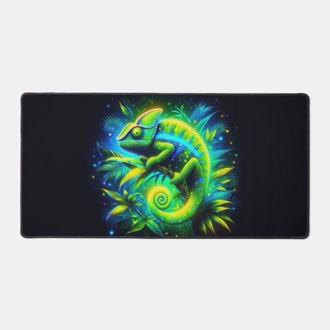 Glowing Chameleon, Eye-Catching Neon Animals Desk Mat (Front)