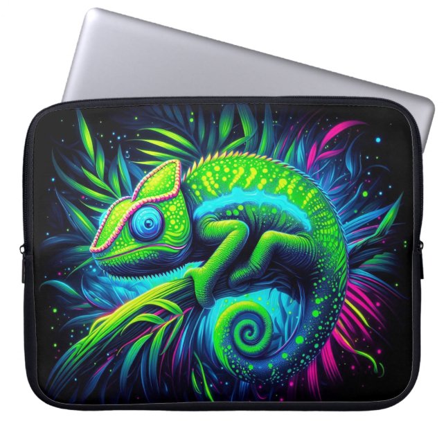 Glowing Chameleon, Eye-Catching Neon Animals Laptop Sleeve (Front)