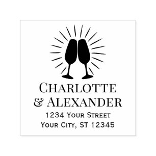 Glowing Champagne Glasses Couple Names Address Self-inking Stamp