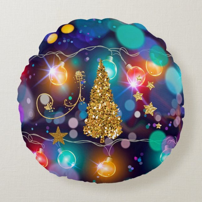 Glowing Christmas Lights Bokeh Golden Tree & Stars Round Cushion (Front)
