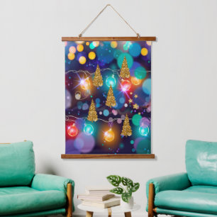 Glowing Christmas Lights Bokeh Golden Trees Hanging Tapestry